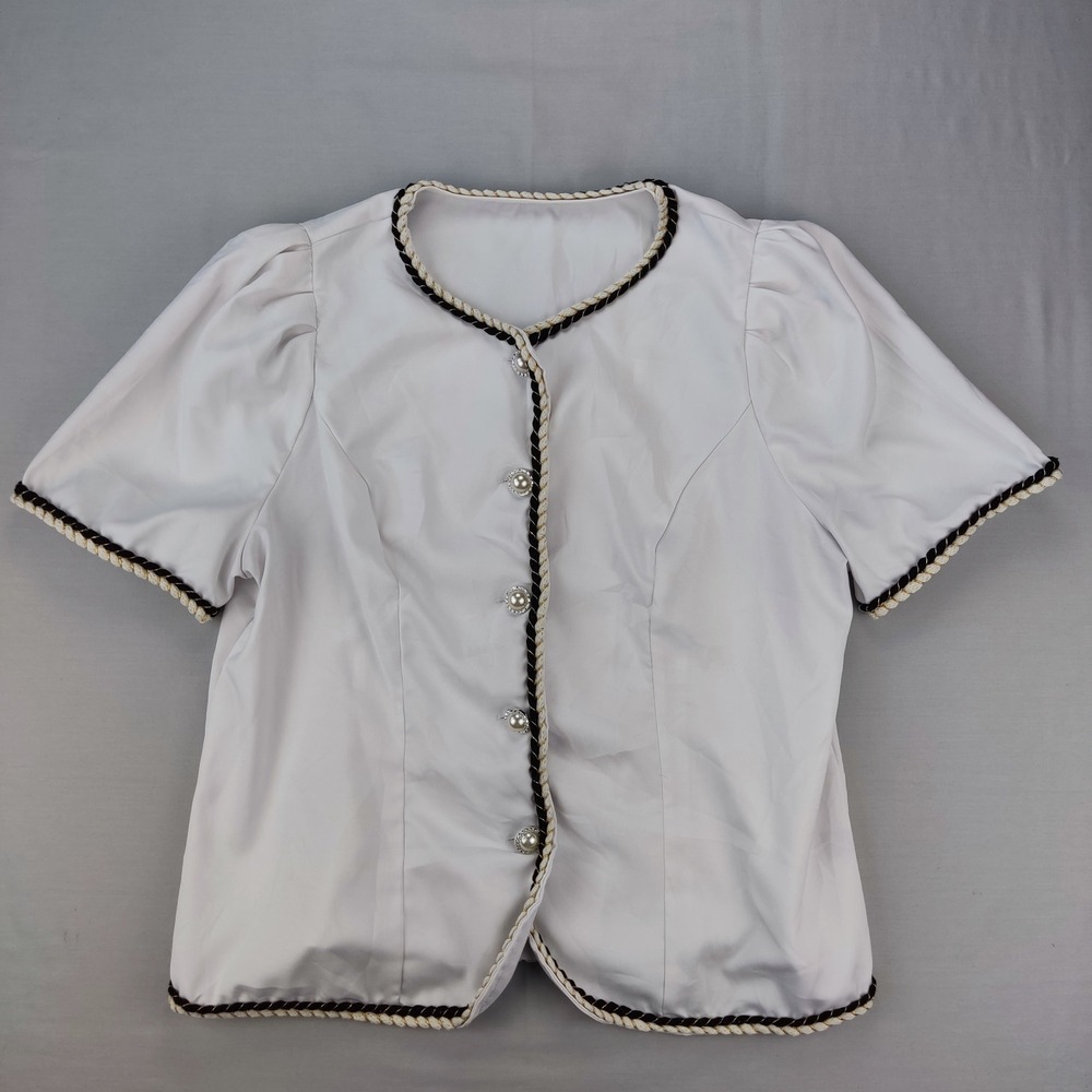 SHEIN Blouse Womens 2XL‎ White Curve Braided Trim Pearl Button Puff Sleeve Top